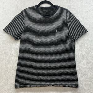 AllSaints Shirt Mens Large Black Striped Short Sleeve Crew Logo Point Modal Tee